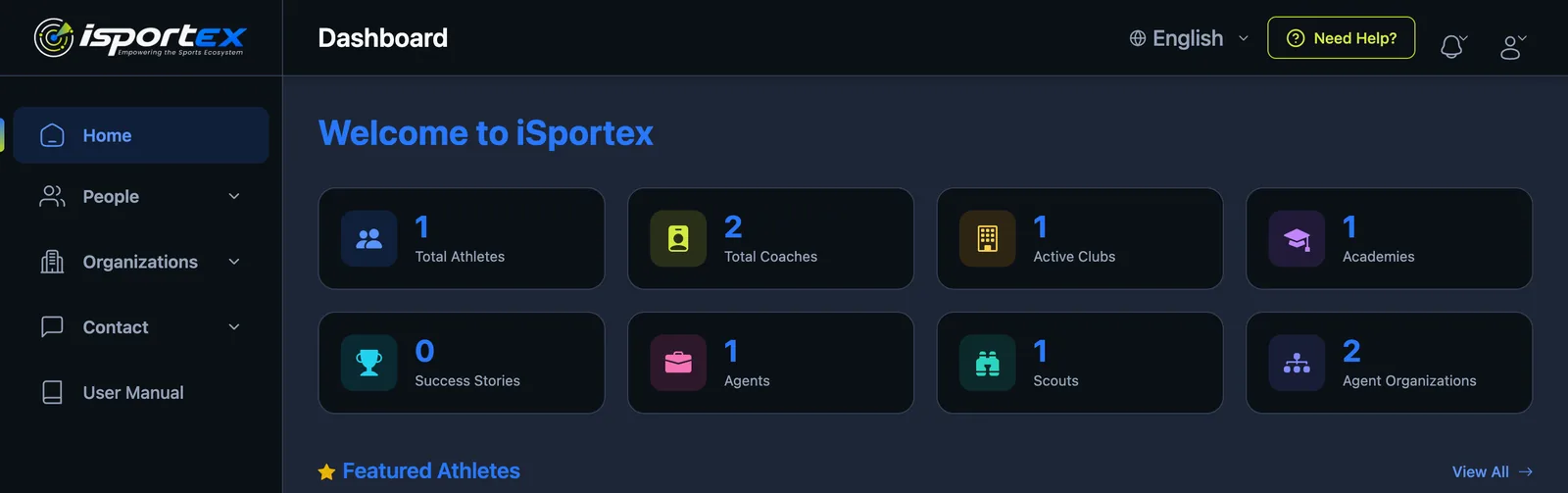 The iSportex dashboard on a desktop browser, showing totals for athletes, coaches, clubs and academies.