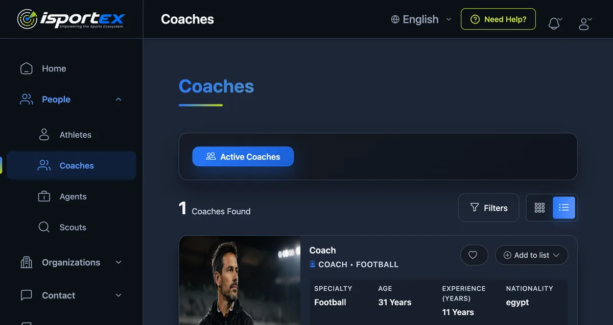 The coach directory on a tablet, with filters and a coach card showing specialty, age and experience.